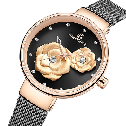 Luxus Marke NAVIFORCE Damenuhr, Mode Kreative 3D Rose wasserdichte Business armbanduhren