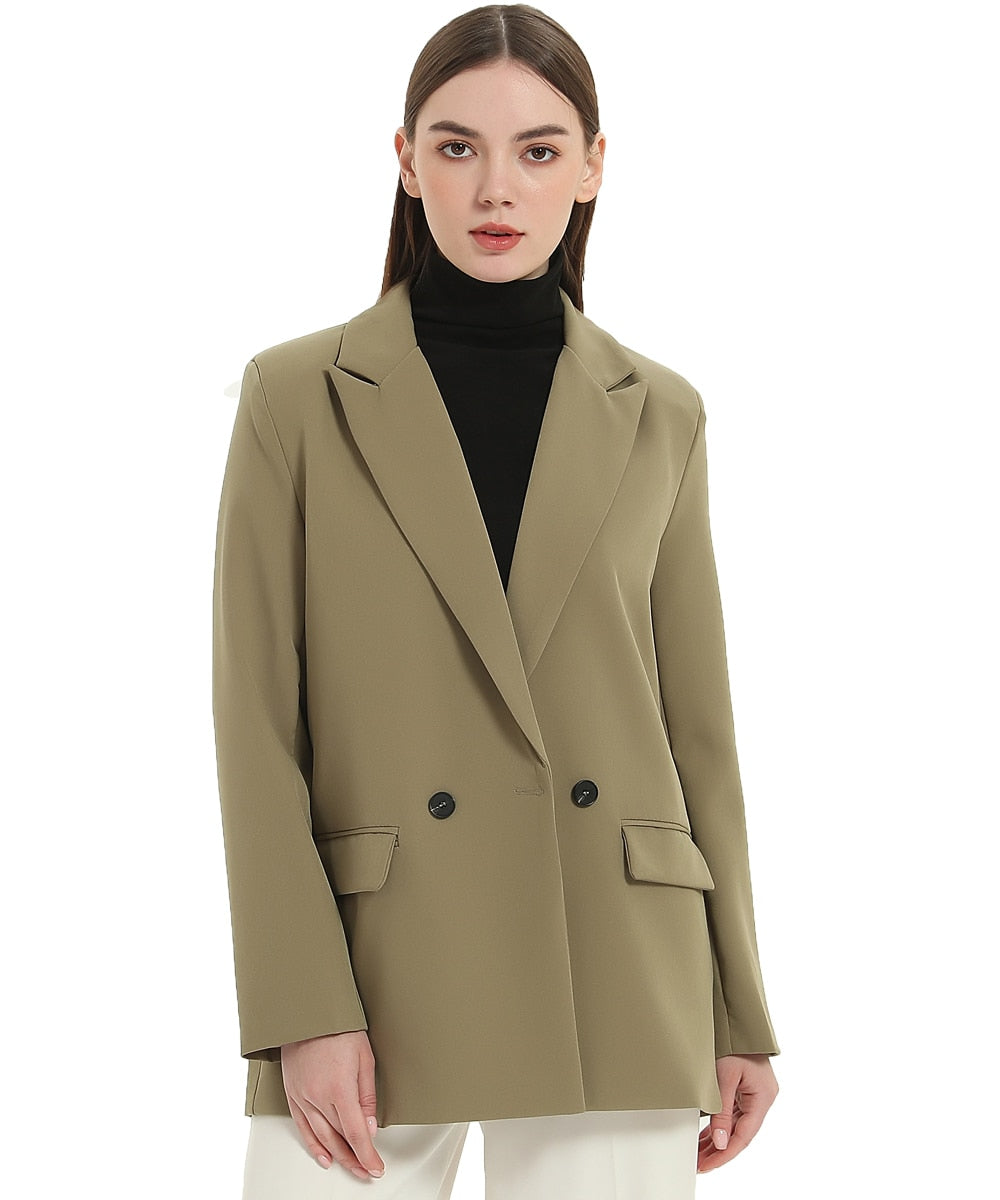 Herbst- und Frühlings-Blazerjacke für Damen, lässiger, einfarbiger, zweireihiger, dekorativer Mantel mit Taschen