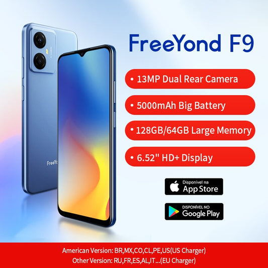 Freeyond F9 Smartphone 64 GB/128 GB 6,52 "HD+ Bildschirm 5000mah Big Battery Octa Core13MP Dual Camera 5000mAh Android Phone, 2 SIM -Karte