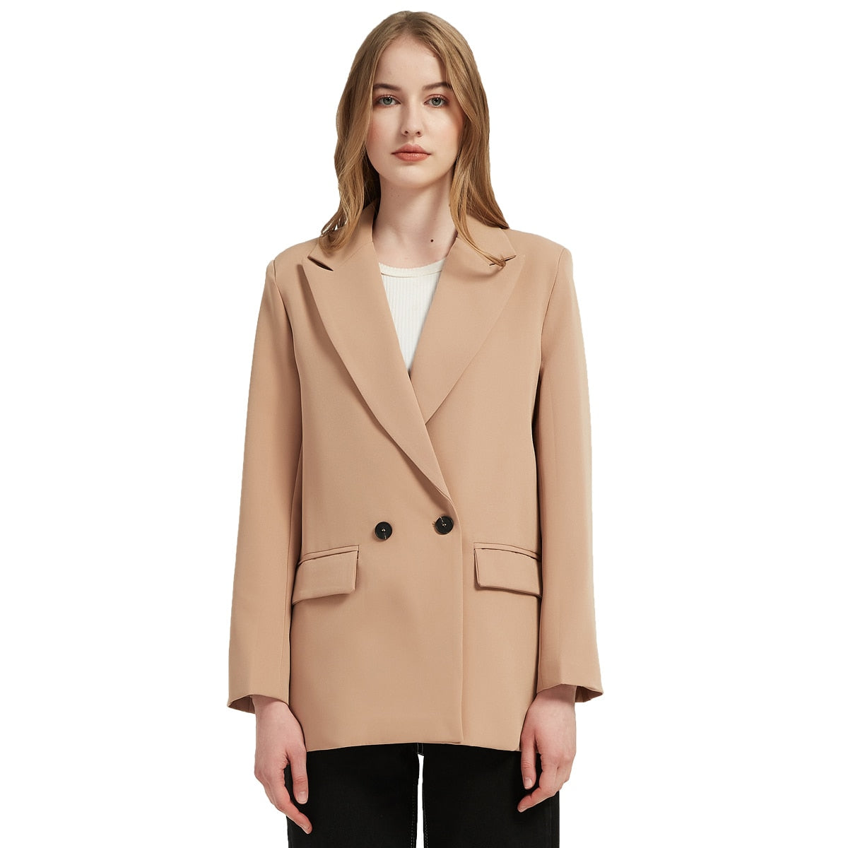 Herbst- und Frühlings-Blazerjacke für Damen, lässiger, einfarbiger, zweireihiger, dekorativer Mantel mit Taschen