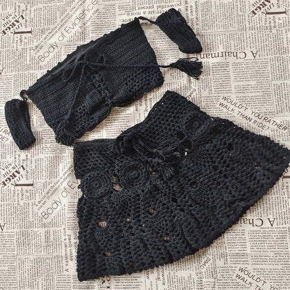 Handgestricktes Sommer Strandkleid-Set, zweiteiliges Set mit aushöhlen Crop Top Minirock