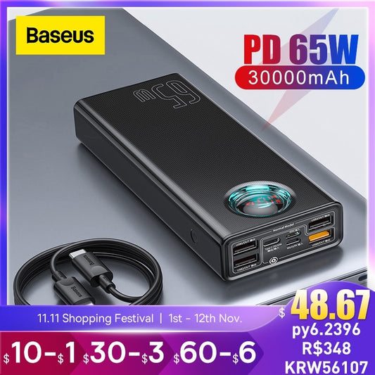 Baseus 65W Power Bank 30000mAh PD Schnellladung, Tragbares externes Schnellladegerät für Tablet & Smartphone