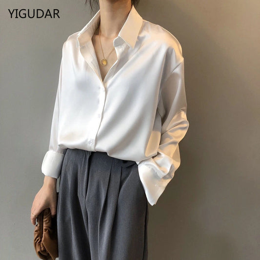 Herbst Seidenhemd Vintage Bluse für Damen, Lange Ärmel Weibliche Lose Hemden
