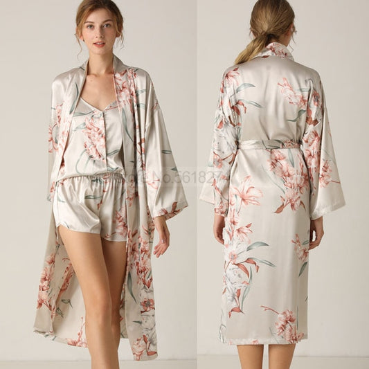 Sexy Damen Satin Kimono Kleid, Robe Anzug Nachtwäsche