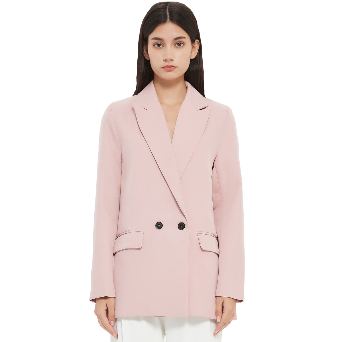 Herbst- und Frühlings-Blazerjacke für Damen, lässiger, einfarbiger, zweireihiger, dekorativer Mantel mit Taschen