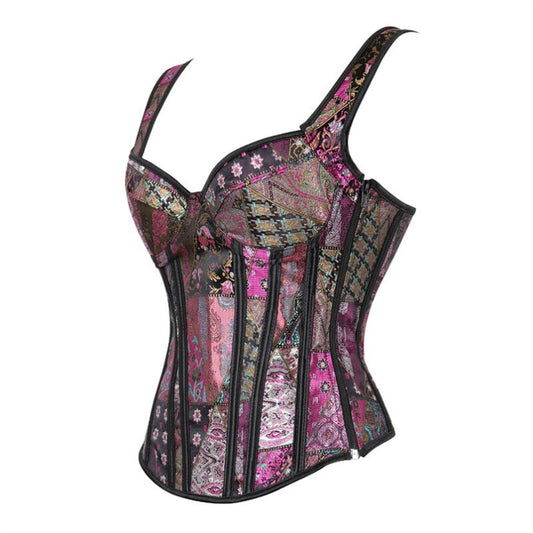 Große Größe Träger Vollbrustkorsett mit Cup-Reißverschluss, Sexy Jacquard Blumen-und Taillenkorsett