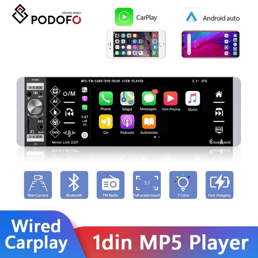 Podofo 1DIN MP5 Player Touch Autoradio FM 4-USB 5,1 Zoll, Unterstützt Android Mirrorlink Bluetooth Carplay Autoradio DVR