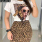 Zwei Teile Set für Damen O-Neck T Shirt& Rock Set, Fashion Leopard Print Office Frauen Set