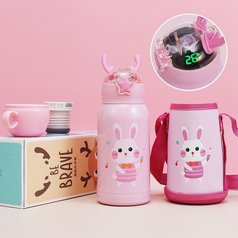 500 ml Cartoon Smart Temperaturanzeige, Thermosbecher Tragbare Pressstroh Stil Wasserflasche, Hält 24 Stunden warm und kalt für Babys
