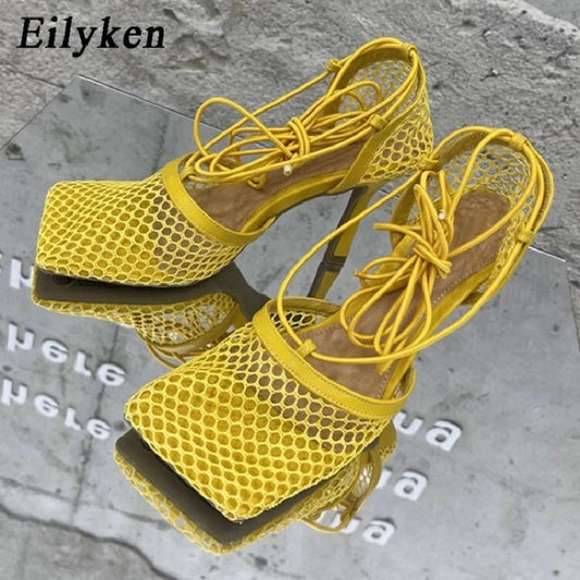 Eilyken 2023 Neue Sexy Mesh Pumps Sandalen, Weibliche Quadratische Zehe mit hohem Absatz