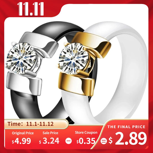 6mm Weiß Schwarz Keramik Ringe Plus Cubic Zirkonia für Frauen, Gold Farbe Edelstahl, Frauen Hochzeit Ring Verlobungsschmuck