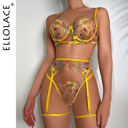 Ellolace Dessous, sinnliche Spitzenunterwäsche, transparente Stickerei, 3-teilige Strumpfbänder