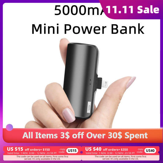 Mini Power Bank 5000mAh, Tragbares Powerbank für Apple & Android Handys