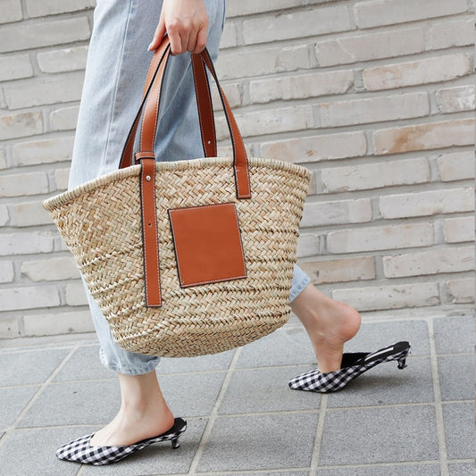 Designer lässige gewebte Rattan-Handtasche mit großer Kapazität, Sommer-Strand-Bali-Stroh-Tasche, großer Korb-Geldbeutel