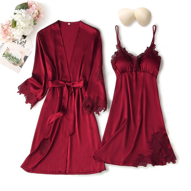 Spitzenbesatz Sexy Hochzeitsdame  Robe -Anzug, Kimono Bademantel Kleid für Mini Nachtwäsche & Intime Dessous
