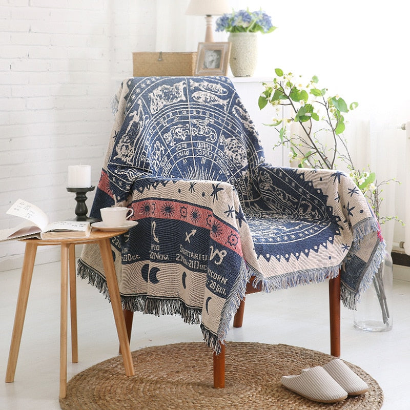 Sofa-Überwurfdecke im europäischen Stil, Baumwollfaden, gestrickte Decke mit Quastengeometrie