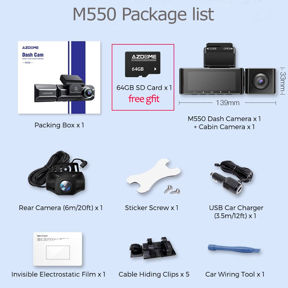 AZDOME M550 Nachtsicht Kamera  3 Kanal Dash Cam, Front Innen Hinten Drei Weg Auto Dash Kamera, 4K+1080P Dual Kanal mit GPS WiFi IR Auto