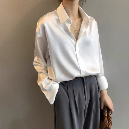Herbst Seidenhemd Vintage Bluse für Damen, Lange Ärmel Weibliche Lose Hemden