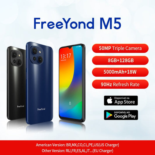 Freeyond M5 8 GB 128 GB Mobiltelefone 50 MP AI Triple Camera 6.52 "90 Hz IPS Bildschirm 5000mAh 18W schnelles Android -Smartphone