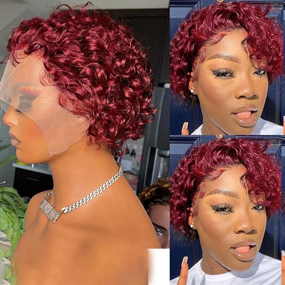 Pixie Cut Perücke 99J Burgunder Wasser Tiefe Welle Spitze Perücke Afro Lockig, Kurzer Bob Echthaar Perücken Natürliche Farbe