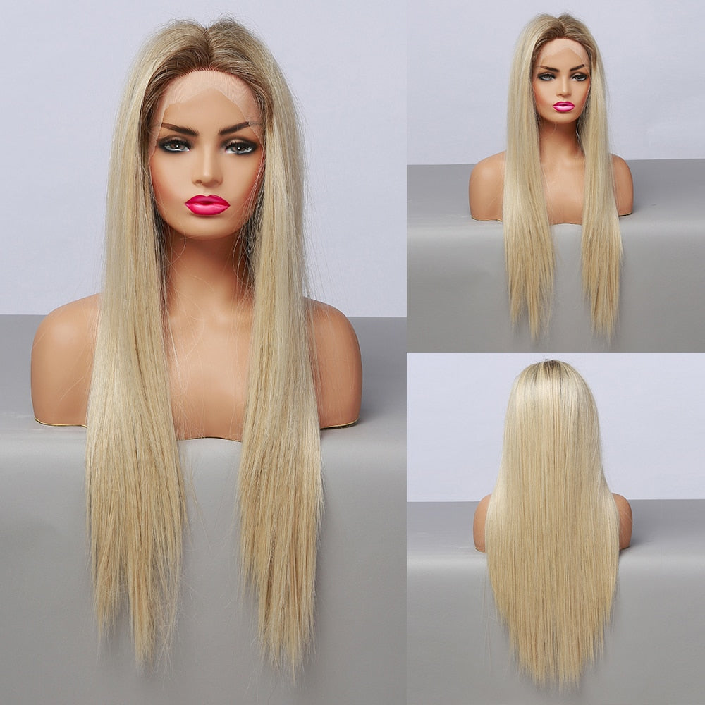 EASIHAIR Gerade Blonde Spitze Front Synthetische Perücken mit Baby Haar, Lange Frauen Spitze Perücken   Hitzebeständig