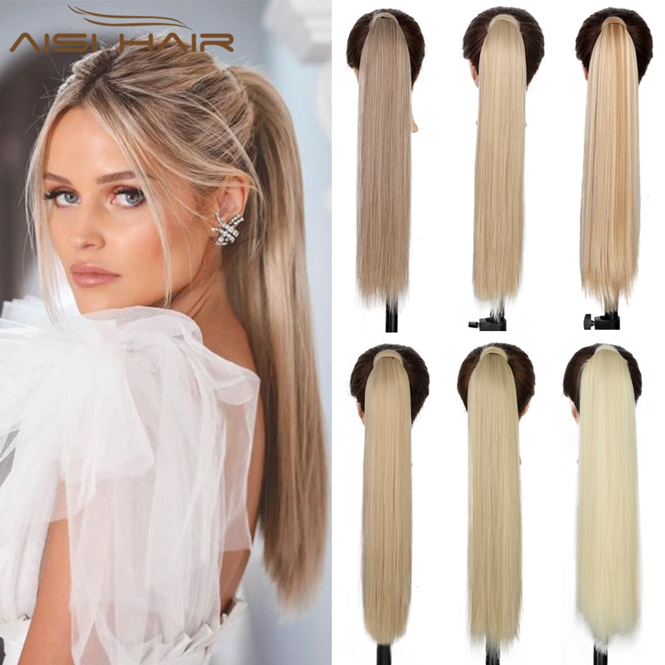AISI HAIR Synthetische Lange Gerade Pferdeschwanzverlängerung, Blond Wrap Around Pferdeschwanz Clip in Haarteil