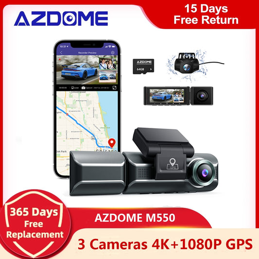 AZDOME M550 Nachtsicht Kamera  3 Kanal Dash Cam, Front Innen Hinten Drei Weg Auto Dash Kamera, 4K+1080P Dual Kanal mit GPS WiFi IR Auto