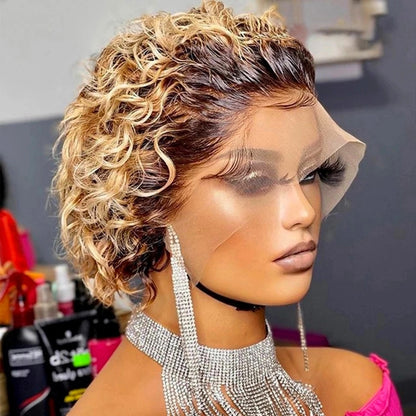 Pixie Cut Perücke 99J Burgunder Wasser Tiefe Welle Spitze Perücke Afro Lockig, Kurzer Bob Echthaar Perücken Natürliche Farbe