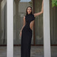 Damen Schwarz Aushöhlen langes Sommerkleid, Sexy Ärmel, Figurbetontes Maxi Abend Partykleid