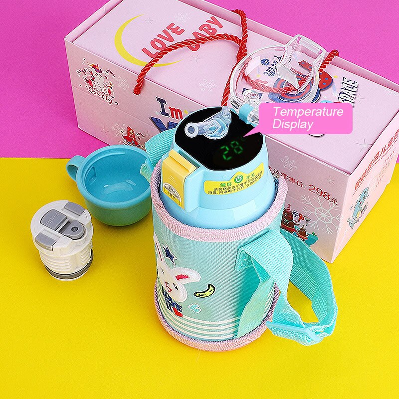 500 ml Cartoon Smart Temperaturanzeige, Thermosbecher Tragbare Pressstroh Stil Wasserflasche, Hält 24 Stunden warm und kalt für Babys