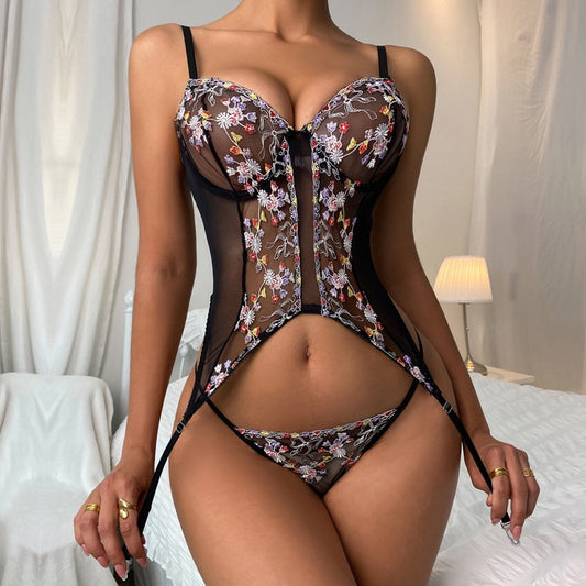 Frauen Sexy Mesh Korsett Dessous, Blumen Stickerei einteiliges Kleidungsstück, Damen G-string Body Unterwäsche mit Strumpfbänder