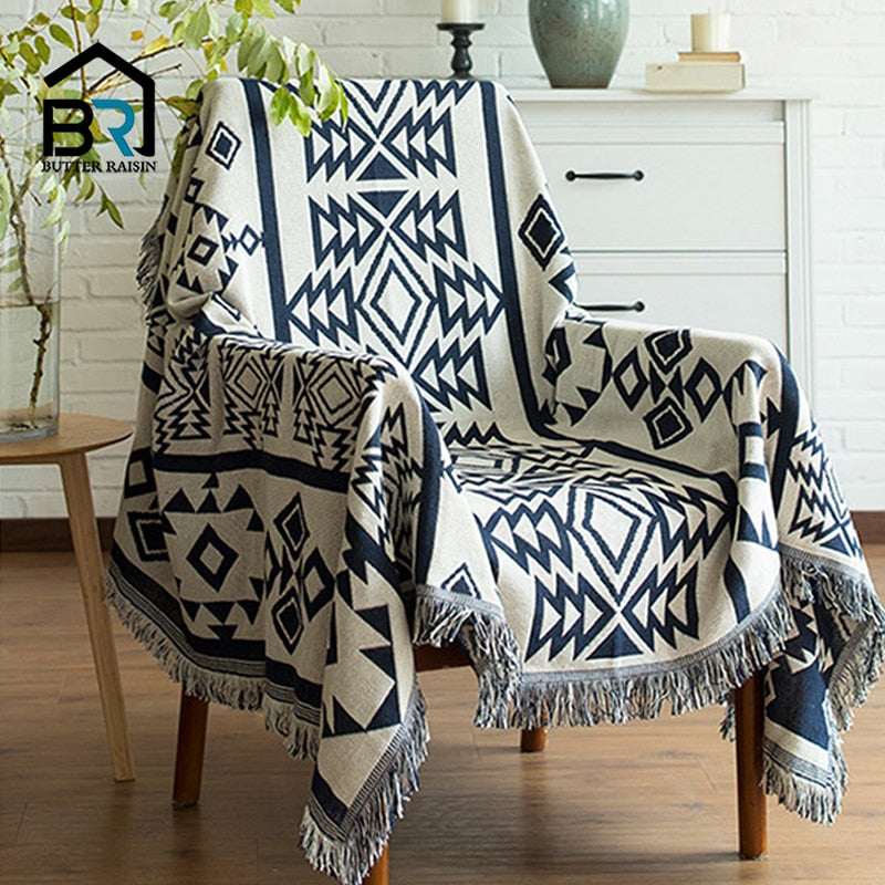 Sofa-Überwurfdecke im europäischen Stil, Baumwollfaden, gestrickte Decke mit Quastengeometrie