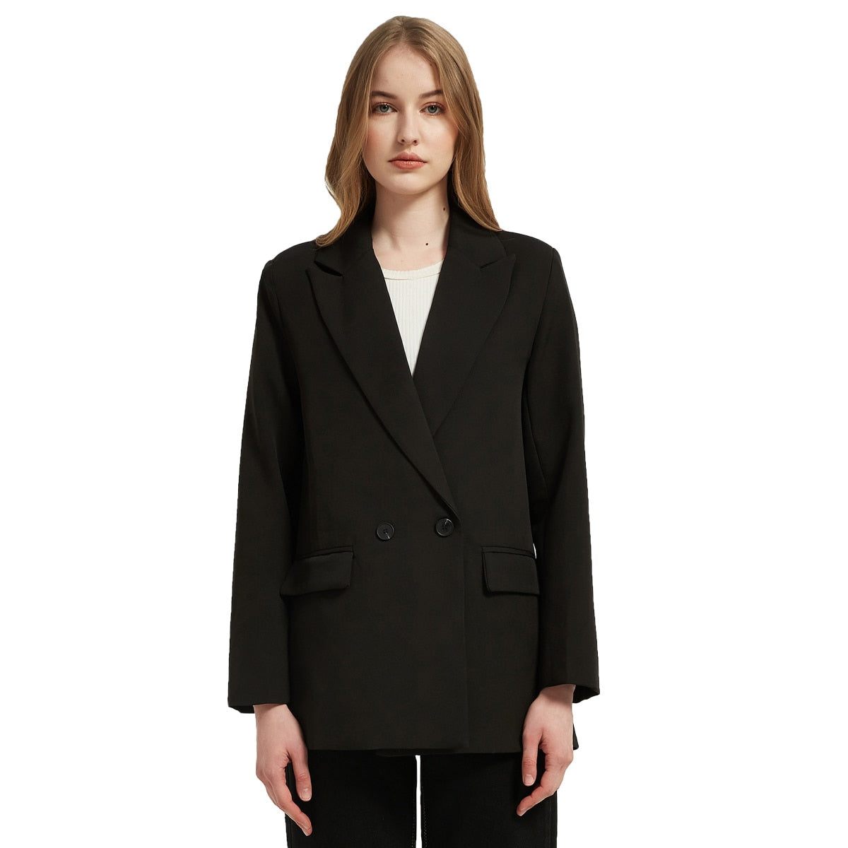 Herbst- und Frühlings-Blazerjacke für Damen, lässiger, einfarbiger, zweireihiger, dekorativer Mantel mit Taschen