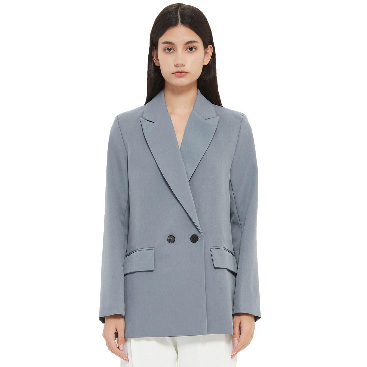Herbst- und Frühlings-Blazerjacke für Damen, lässiger, einfarbiger, zweireihiger, dekorativer Mantel mit Taschen