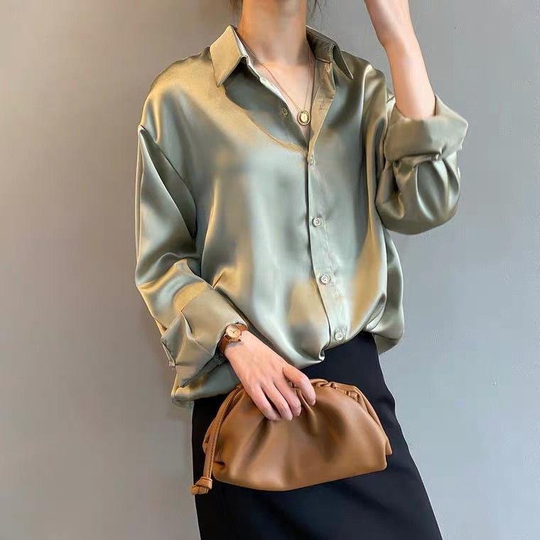 Herbst Seidenhemd Vintage Bluse für Damen, Lange Ärmel Weibliche Lose Hemden
