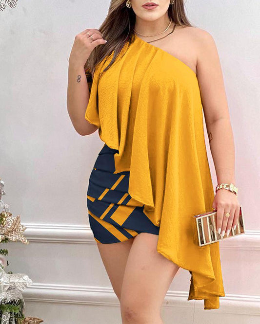 Asymmetrisch, Geometrisch Schulter Rüschen Party Kleid für Damen, Ärmellose Sexy Rüschen Mini Kleid