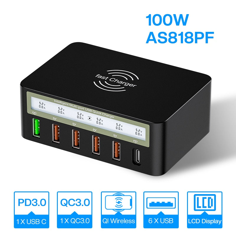 100 W Multi-USB-Drahtloses Ladegerät, HUB Schnellladung 3 Typ C PD Schnellladegerät
