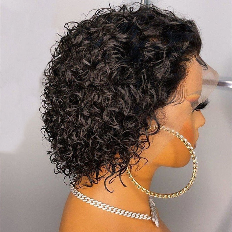 Pixie Cut Perücke 99J Burgunder Wasser Tiefe Welle Spitze Perücke Afro Lockig, Kurzer Bob Echthaar Perücken Natürliche Farbe