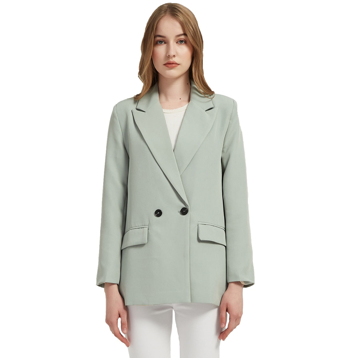 Herbst- und Frühlings-Blazerjacke für Damen, lässiger, einfarbiger, zweireihiger, dekorativer Mantel mit Taschen