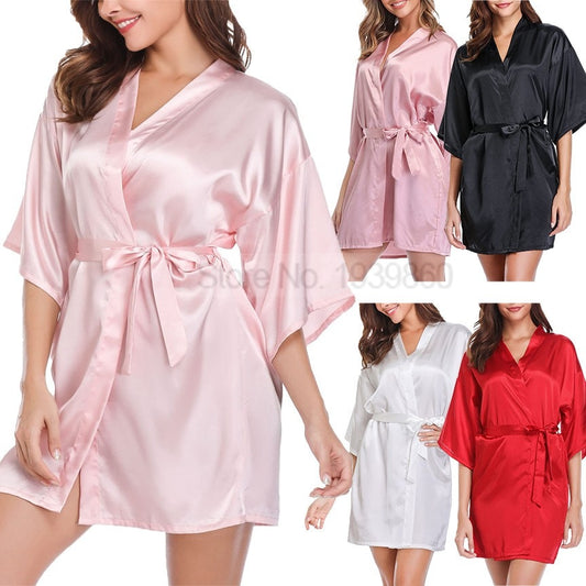 Silky Satin Women Robe Solid Color Kimono Bathrobes Home Dressing Gown Short Nightgown Summer V-Neck Sleepwear Lingerie