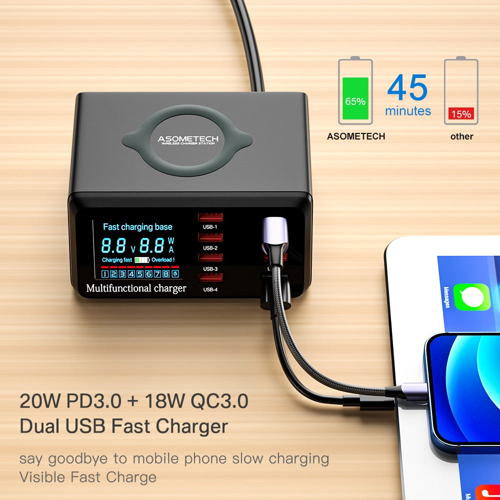 100 W Multi-USB-Drahtloses Ladegerät, HUB Schnellladung 3 Typ C PD Schnellladegerät