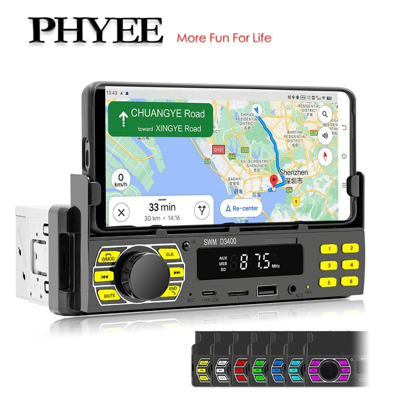Autoradio Bluetooth 1 Din MP3-Player Freisprecheinrichtung A2DP Typ C, USB TF Aux APP Fernbedienung Handyhalter Audiosystem Kopfeinheit D3400
