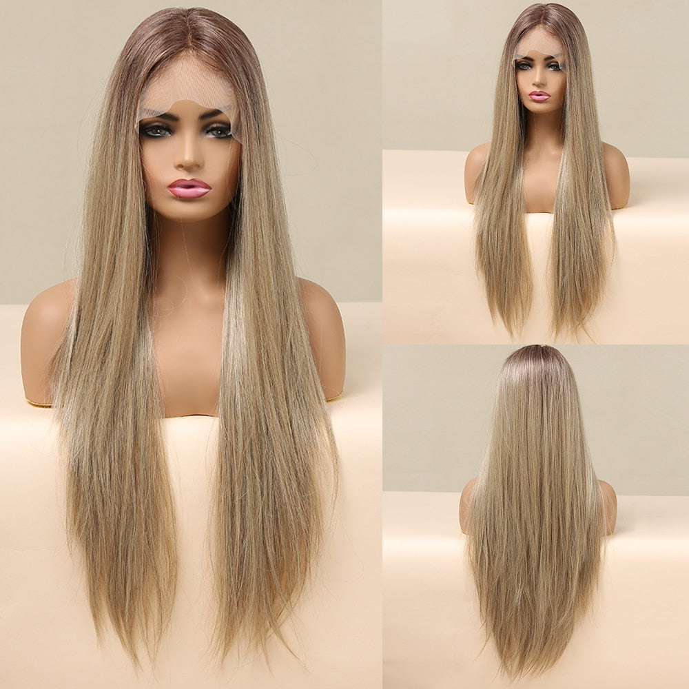 EASIHAIR Gerade Blonde Spitze Front Synthetische Perücken mit Baby Haar, Lange Frauen Spitze Perücken   Hitzebeständig