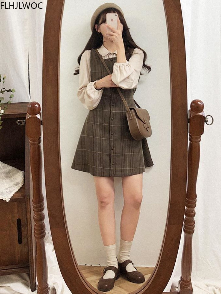 Ärmellose Weste Korea-japanischer Art mit kariertem Knopf Hemd Kleid