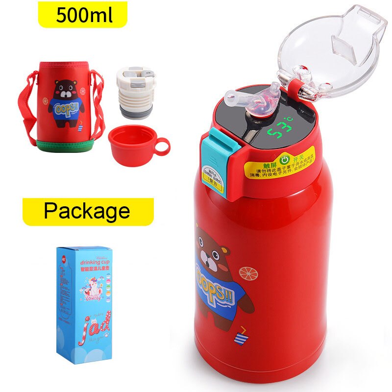 500 ml Cartoon Smart Temperaturanzeige, Thermosbecher Tragbare Pressstroh Stil Wasserflasche, Hält 24 Stunden warm und kalt für Babys