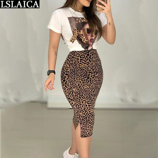 Zwei Teile Set für Damen O-Neck T Shirt& Rock Set, Fashion Leopard Print Office Frauen Set
