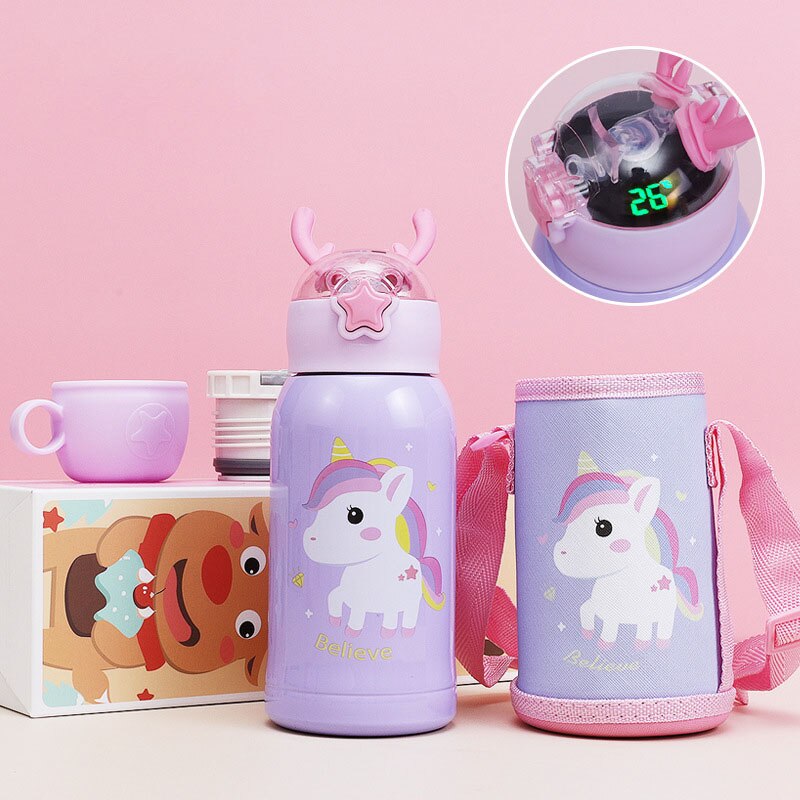 500 ml Cartoon Smart Temperaturanzeige, Thermosbecher Tragbare Pressstroh Stil Wasserflasche, Hält 24 Stunden warm und kalt für Babys