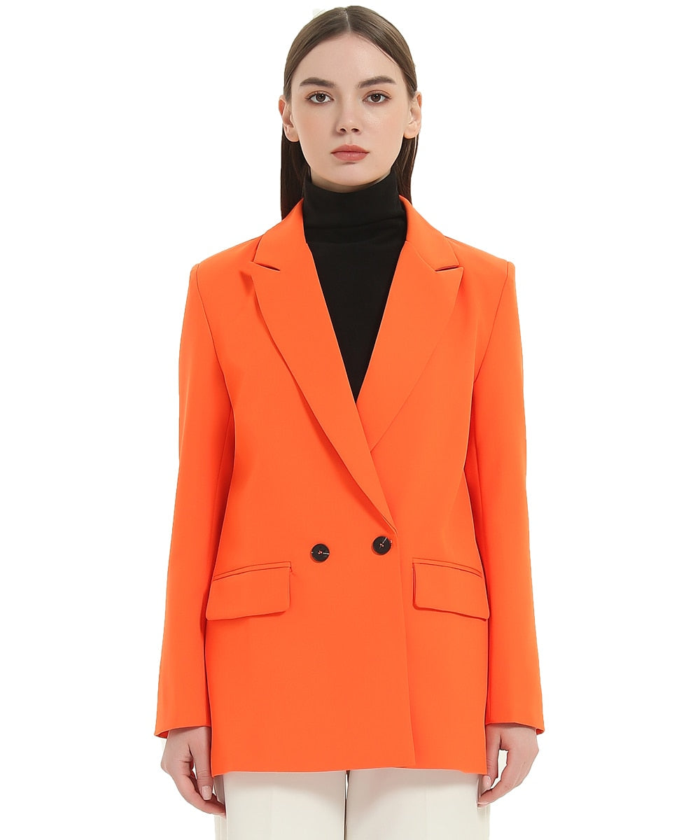 Herbst- und Frühlings-Blazerjacke für Damen, lässiger, einfarbiger, zweireihiger, dekorativer Mantel mit Taschen