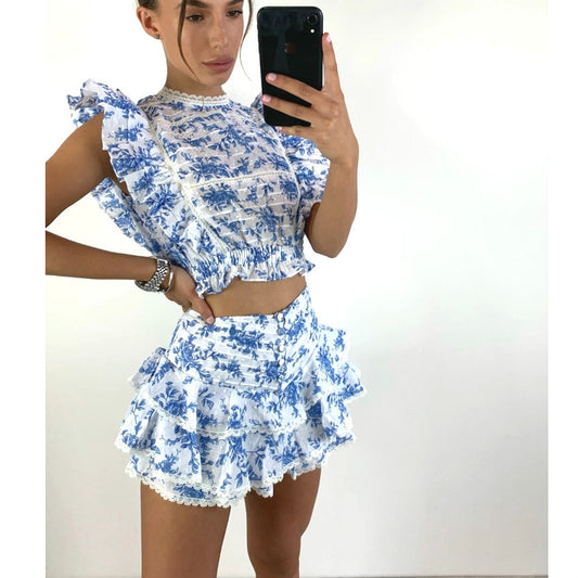 Hohe Qualität 2023 Sunday-Set elastischer Bund, Kurz geschnittenes Oberteil mit Rüschendetail und Mini-Shorts-Röcken