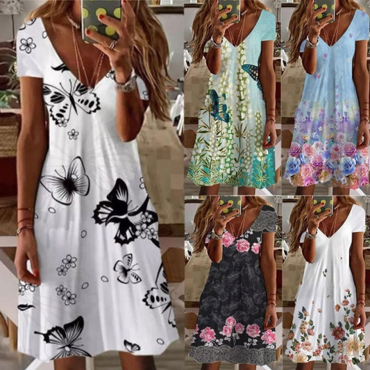 2023 Sommer Damen Mini Kleid mit V-ausschnitt, Kurzarm Kleid mit Sexy Blumen Druck